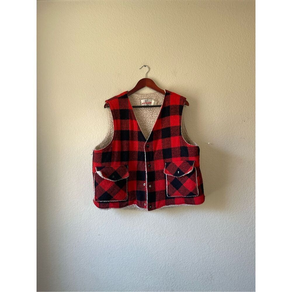 vintage 60s Shane Weatherguard sherpa‎ wool buffalo plaid vest xl